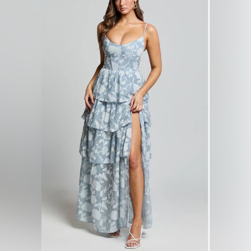Janezkie Maxi Dress - Femme Tiered Jacquard Formal Dress in Light Blue